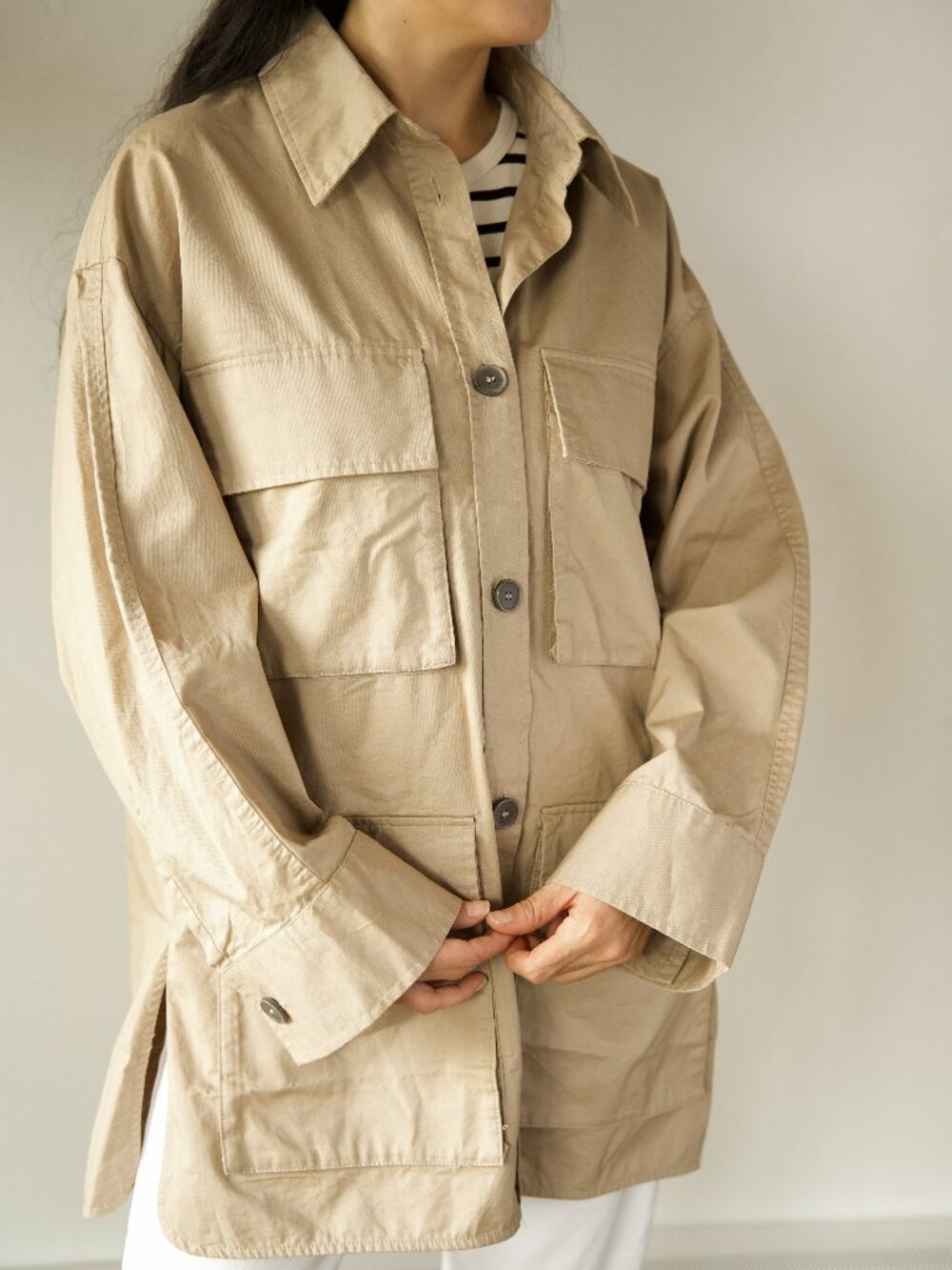 H&M Beige Utility Jacket – Oversized Multi Pocket Button Front Shacket NWT